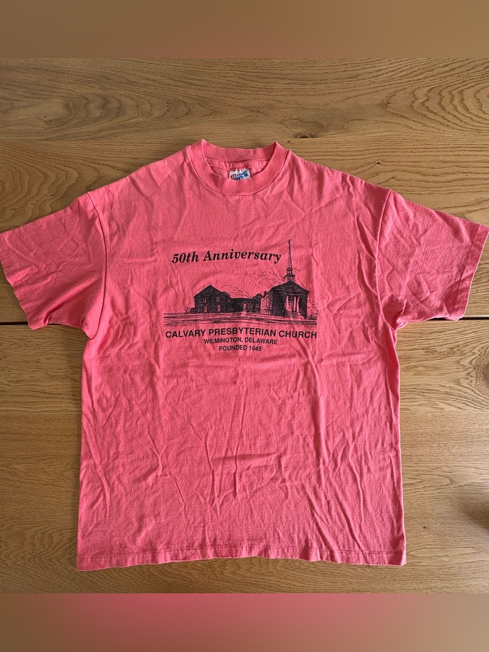 Vintage 90s Hanes Beefy T Shirt XL Pink Single Stitch Delaware Church 1995 USA
